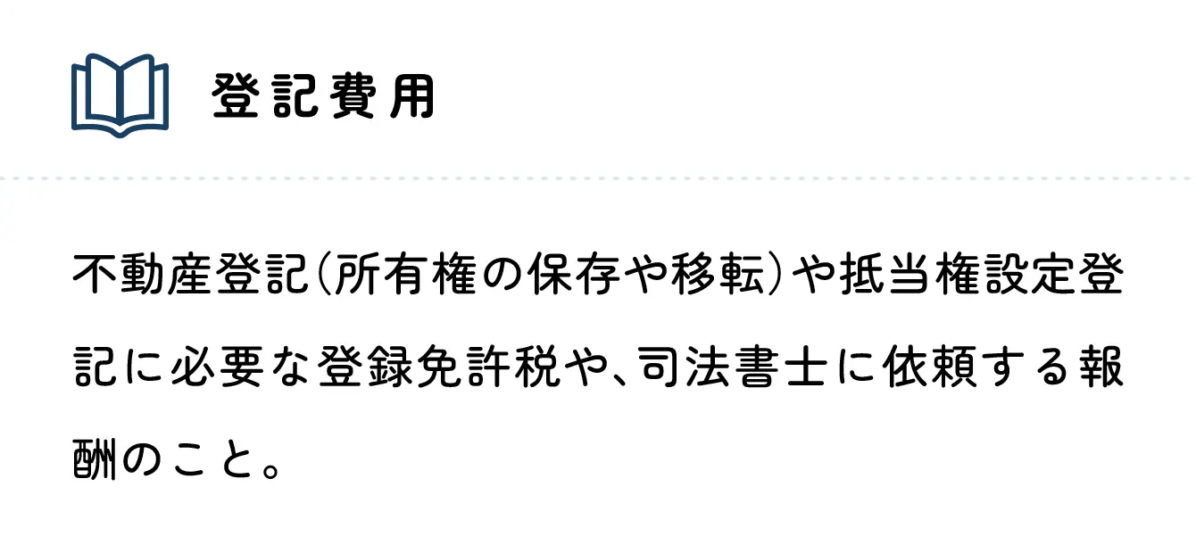 登記費用 不動産登記（所有権の保存や移転）や抵当権設定登記に必要な登録免許税や、司法書士に依頼する報酬のこと