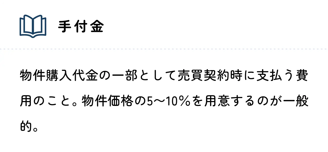 手付金 物件購入代金の一部として売買契約時に支払う費用のこと。物件価格の5~10%を用意するのが一般的