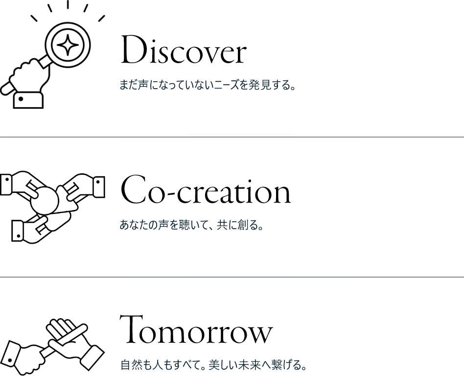 まだ声になっていないニーズを発見する。あなたの声を聴いて、共に創る。自然も人もすべて。美しい未来へ繋げる。